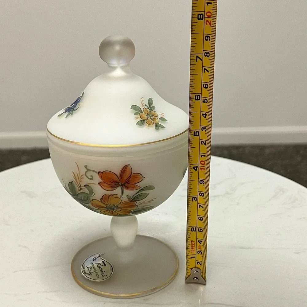 Vtg Italian Frosted Satin Glass Candy Dish‎ Rossini Hand Painted Pedestal Lidded
